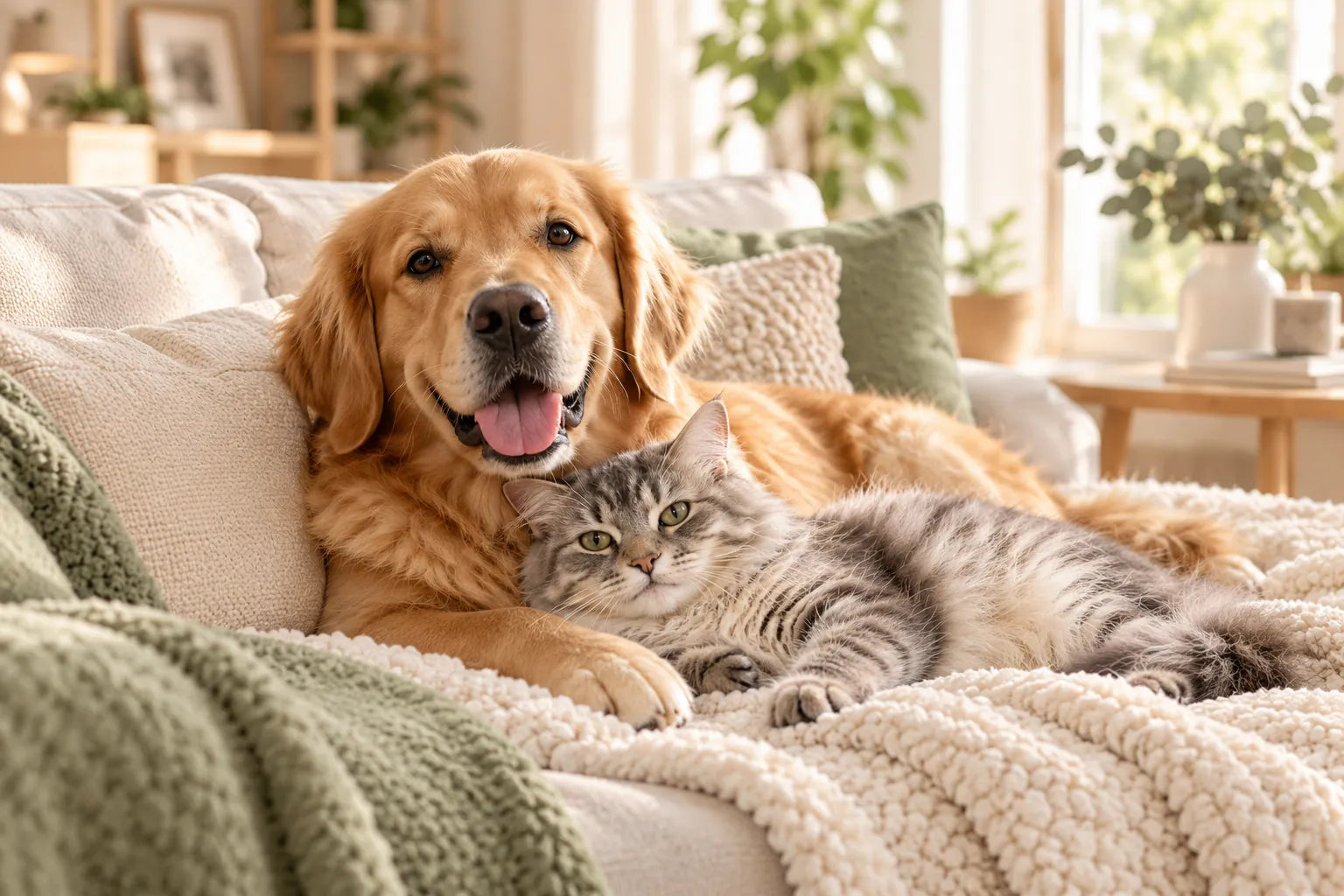 Hund und Katze liegen zusammen auf einem Sofa