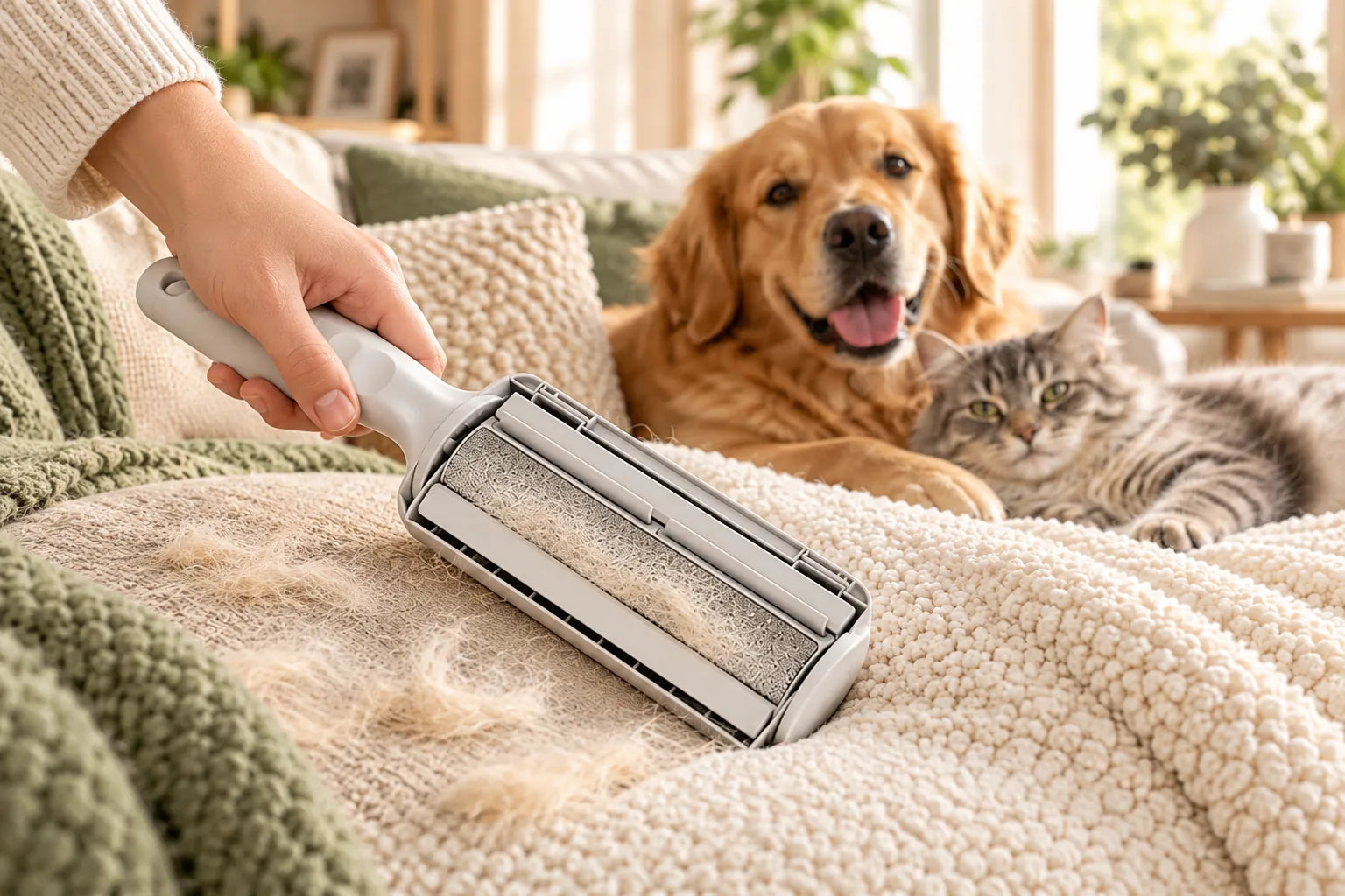 Hund und Katze auf dem Sofa, während Tierhaare von einer Decke entfernt werden.